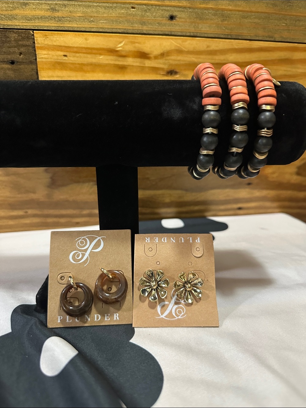 Plunder Coral and Matte Black Stacked Bead Bracelet Set with earrings
